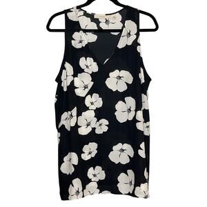 Sejour Black and White Floral Print V Neck Sleeveless Shirt Plus Size 1X